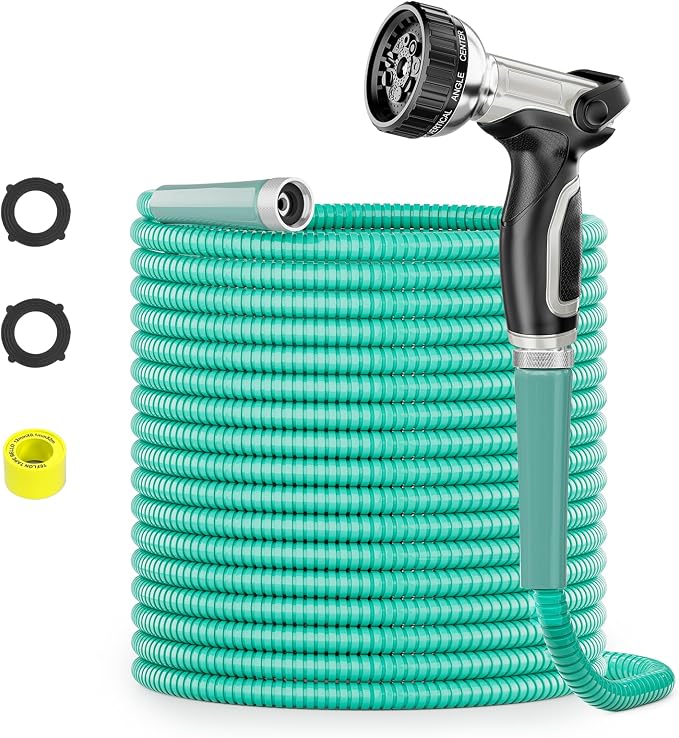 SPECILITE 50ft 304 Stainless Steel Metal Garden Hose with Nozzle (Aqua) | Puncture Resistant, Flexible, Never Kink & Tangle, Heavy Duty Water Pipe for Yard, Outdoor, Lawn