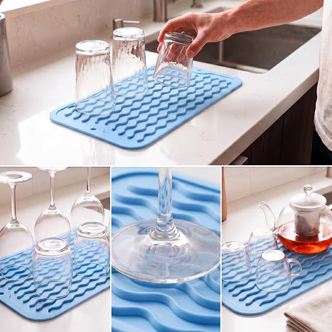 MicoYang Silicone Dish Drying Mat for Multiple Usage,Easy clean,Eco-friendly,Heat-resistant Silicone Mat for Kitchen Counter or Sink,Refrigerator or Drawer Liner Light Blue S 12 inches x 6 inches