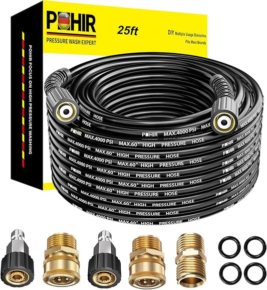 25ft Pressue Washer Hose 4000 PSI,M22 Replacement Power Washing Hose | Kit M22 14mm to 3/8'' Quick Connect & M22 Extension Adapter, No Kink 1/4'' ID Powerful Cleaning Hose for Car Garden Yard