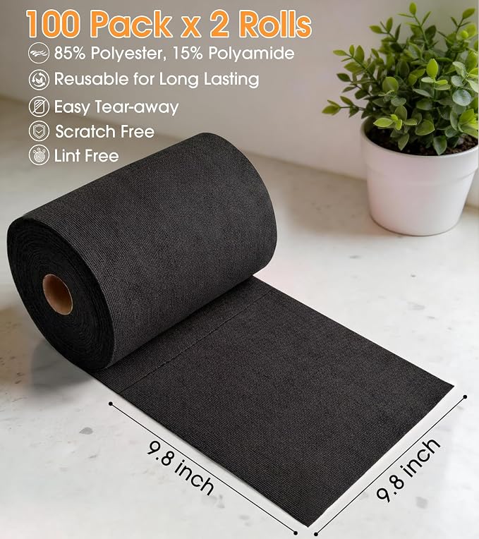 KitchLife Microfiber Cleaning Cloth Roll, 200 Pack - Tear-Away Microfiber Paper Towels, Lint-Free, Reusable, Washable for Kitchen, Car, Dishes, and Sensitive Surfaces (Black)