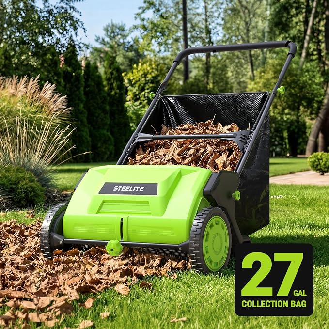STEELITE 21inch Leaf & Grass Collector, Push Lawn Sweeper for Grass Clippings, Leaves & Debris, Manual Push Yard Sweeper with Height Adjustment & Large Collection Hopper