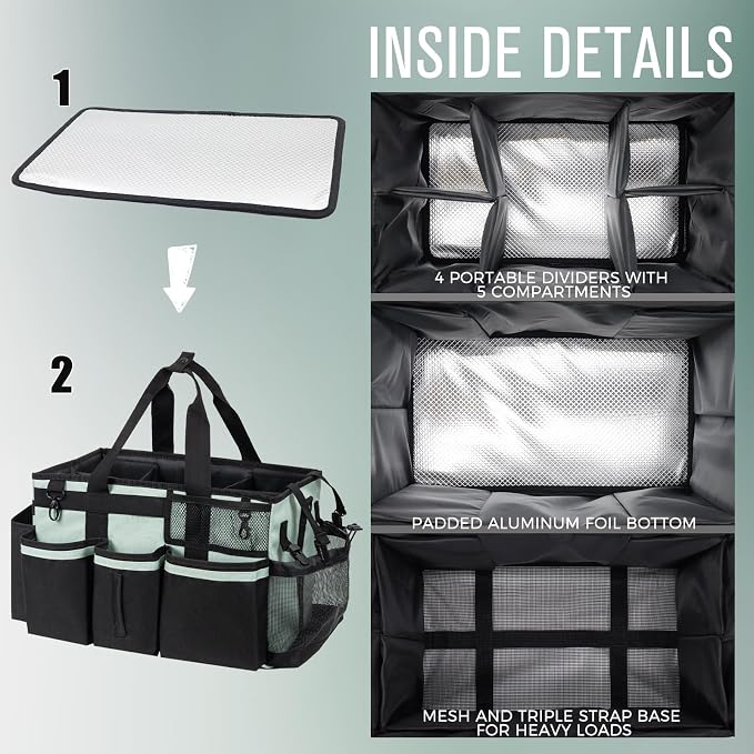 SCAVATA Wearable Cleaning Caddy, Cleaning Caddy Supplies Organizer with Handle & Shoulder Straps for Housekeepers, Under Sink & Car Cleaning Tool Organizers Bag with 4 Foldable Divider (Celadon)