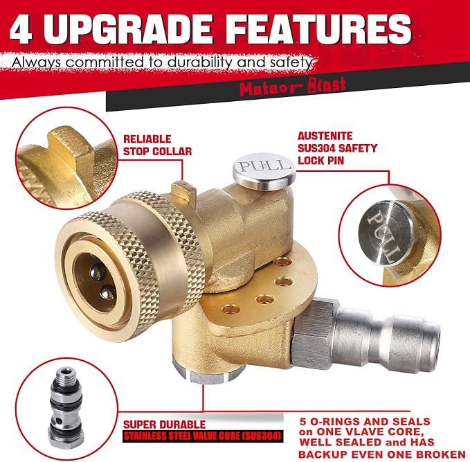 Meteor Blast Pivoting Coupler with 8 pressure washer nozzle tips 2.5gpm, 5 Angles 120 degree, heavy duty design and Stainless Steel Safety Lock, Clean Hard to Reach Area, 5000PSI, 1/4” Quick connect