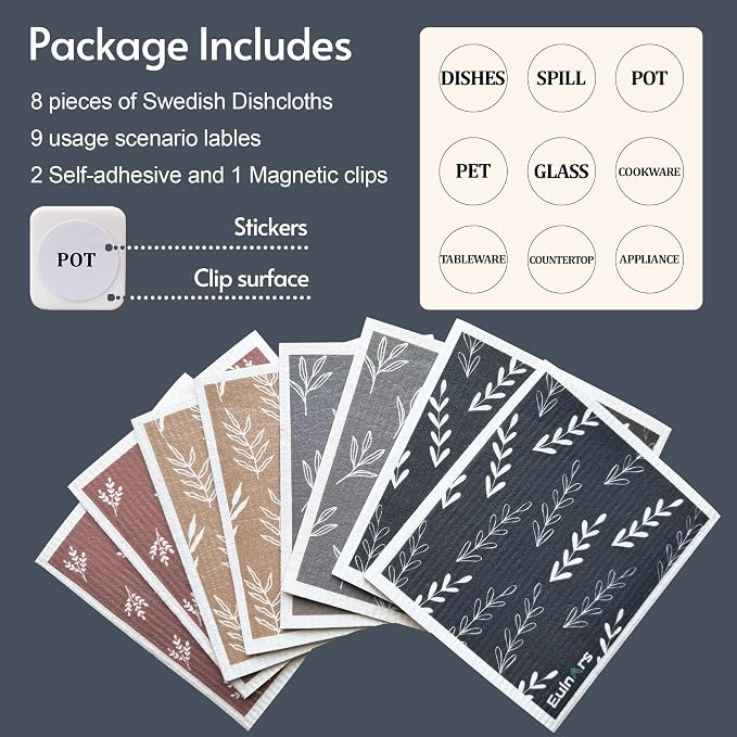 Eulnars Swedish Dishcloths, 8 Pack Reusable Paper Towels with Clips, Quick Drying Dish Towels, Super Absorbent Cellulose Sponge Cloths, No Odor, Kitchen Cleaning Essentials