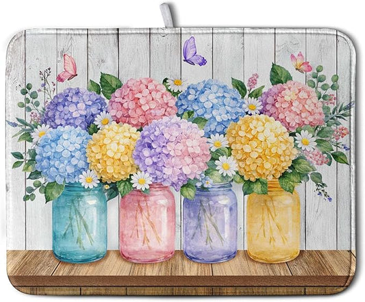 Hydrangea Dish Drying Mat for Kitchen Counter Spring Summer Floral Vases dish mat Microfiber Absorbent Dish Drainer Pad Rustic Farmhouse Floral Wooden Board Dish Draining Mats 18x24 Inch
