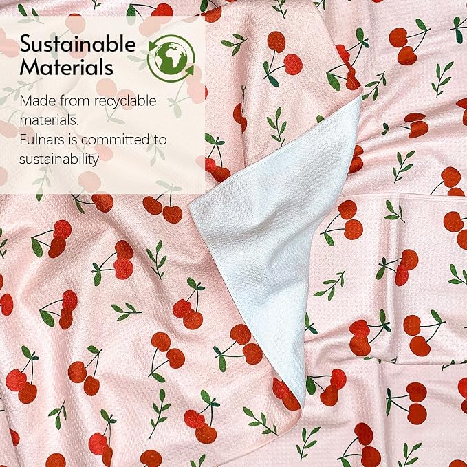 Eulnars Kitchen Towels, 18" x 30" Dish Towels, Microfiber Tea Towels for Kitchen Drying, Superior Absorbency, Lemon Cherry Series, 2-Pack