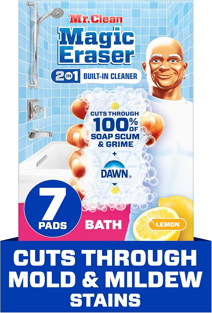 Mr. Clean Magic Eraser Sponge, Bathroom Cleaner, Shower Cleaner, Tub Cleaner, Soap Scum Remover, Bathroom Cleaning Supplies, Dawn Cleaning Power with Lemon Scent, 2 in 1 Bath, 7ct