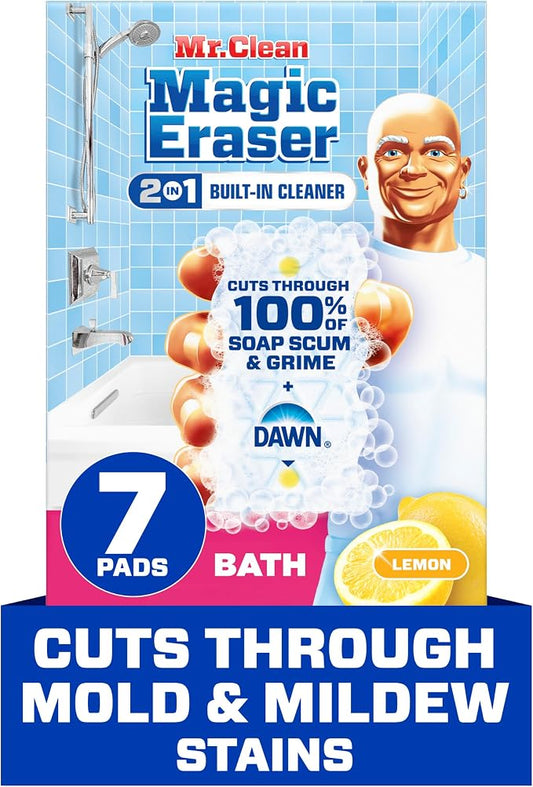 Mr. Clean Magic Eraser Sponge, Bathroom Cleaner, Shower Cleaner, Tub Cleaner, Soap Scum Remover, Bathroom Cleaning Supplies, Dawn Cleaning Power with Lemon Scent, 2 in 1 Bath, 7ct