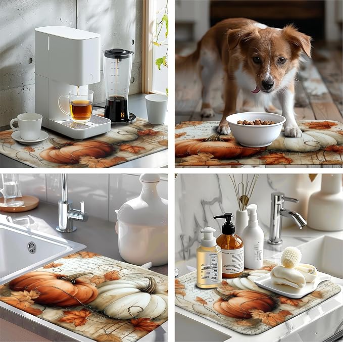 Fall Dish Drying Mat for Kitchen Counter Autumn Thanksgiving Orange White Pumpkin Drying Mats Vintage Maple Leaves Holiday Dish Draining Mat Microfiber Absorbent Dish Rack Pad 18x24 Inch