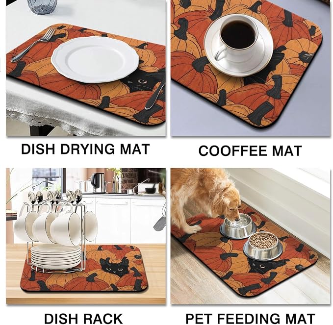 Fall Dish Drying Mat 2-Pack with Cat for Kitchen Counter Absorbent Dishes | Diatom Mud Mats (18x24, 19.5x12"). Non-slip rubber back for kitchen counter, coffee bar & sink scenes