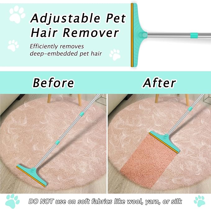 Carpet Rake for Pet Hair Removal - Reusable Pet Hair Remover, 45” Adjustable Long Handle Cat Dog Carpet Rake Scraper with Patented Design, Dog Hair Rake Brush for Rugs, Mats