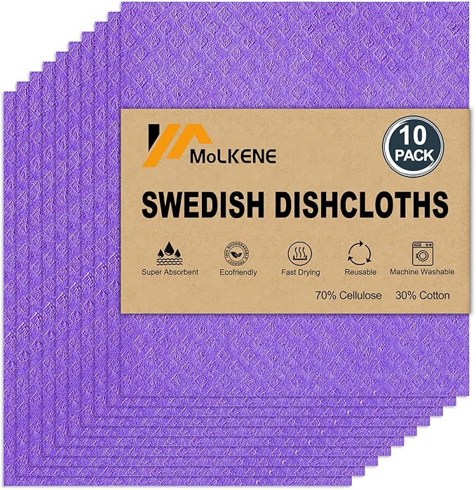 MoLKENE Swedish Dishcloths - 10 Pack Reusable Kitchen Dishcloths - Ultra Absorbent Dish Towels for Washing Dishes - Cellulose Sponge Cloth Cleaning Cloths - Purple