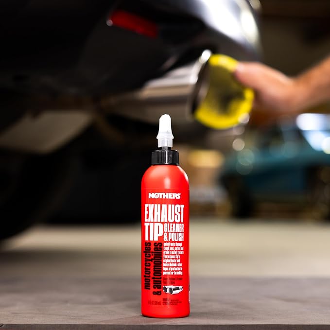 Mothers Exhaust Tip Cleaner & Polish, 8 oz. (05138) | Cleans, Polishes & Protects Stainless Steel, Chrome & Black Chrome Tips, Removes Baked-on Carbon, Soot & Tarnish