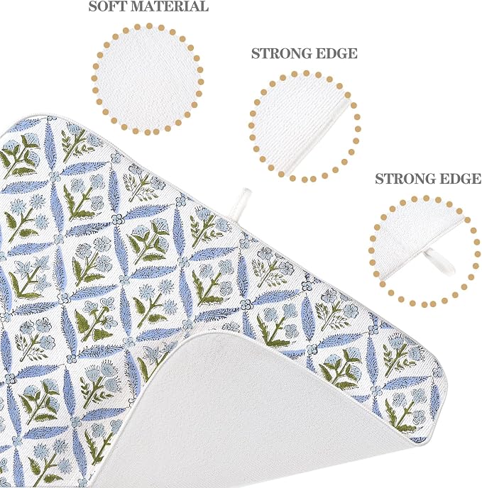 Blue Sage Green Block Print Dish Drying Mats 18x24 Inch Blue Green Vintage Spring Floral Drying Mats Summer Outdoor Decorations Absorbent Drying Dish Mats for Kitchen Dining Room Counter Decor