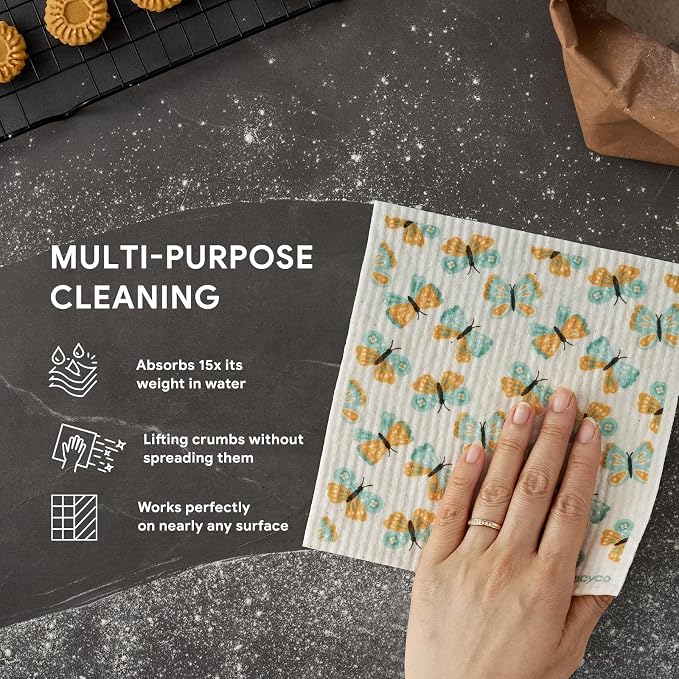 RECYCO Swedish Dishcloths for Kitchen | 5 Pack Gingham Flutter Washable Dish Rags | Cellulose Reusable Cleaning Paper Towels | Absorbent Counter Dish Cloth Sponge Kitchen Wipes, 8" L x 7" W