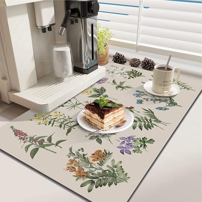 LOKHOM Dish Drying Mat for Kitchen Counter, 16"x24" Absorbent Coffee Bar Mat with Vintage Sage Flower Herbs, Dish Drainer Rack Mat for Kitchen Counter