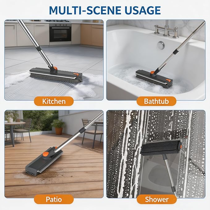 3-in-1 Floor Scrub Brush with Long Handle, Rotating Head Squeegee & Tweezer | Stiff Dual-side Bristle, 50'' Extension Pole, Stainless Steel, Multi-Surface for Shower Tile Patio Kitchen Deck Cleaning