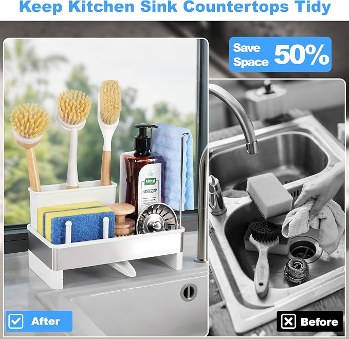 Sponge Holder for Kitchen Sink Caddy Organizer, Dish Brush Holder | Stainless Steel Sponge Caddy for Kitchen Countertop Organizer, Rustproof Dish Soap and Sponge Rack with Dishcloth Drying Rack