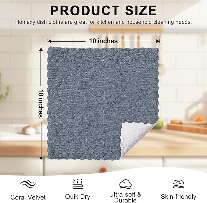 Homaxy 12 Pack Kitchen Cloths Dish Towels (10" x 10", Dark Grey & White), Super Soft and Absorbent Dish Cloths, Coral Velvet Microfiber Cleaning Cloth, Nonstick Oil Fast Dry Dishcloths