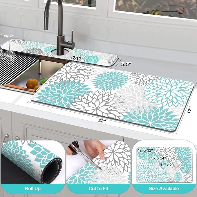 Findosom 2PCS 17" x 32" Dish Drying Mat & 24" x 5.5" Sink Splash Guard, Super Absorbent & Cuttable Dish Mat Drying Kitchen Mat with Teal Floral, Hide Stain Drying Mat for Kitchen Counter