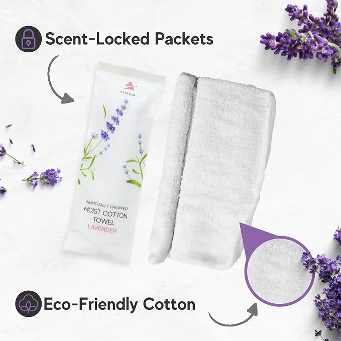 60 Hot or Cold Wrapped Moist Towels – 9'' x 9" Moist Towelettes Individually Wrapped Scented Disposable Face & Hand – Pre-Moistened Hand Wipes Soft Refreshing for Travel, Spa, Restaurant - Lavender