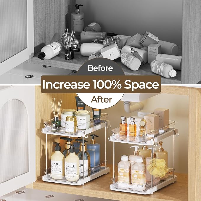 Delamu 2 Tier Under Sink Organizer Bathroom, Bathroom Cabinet Organizer with Snap-Lock Design and Hooks, Pull Out Storage with Movable Dividers, for Countertop, Kitchen and Pantry (White, 2 Pack)