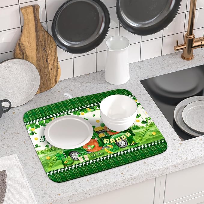 Shamrock Truck Dish Drying Mat Buffalo Check Dish Drainer Mat 16x18 inch Reversible Microfiber Quick Dry Rack Pad for Kitchen Counter Sink