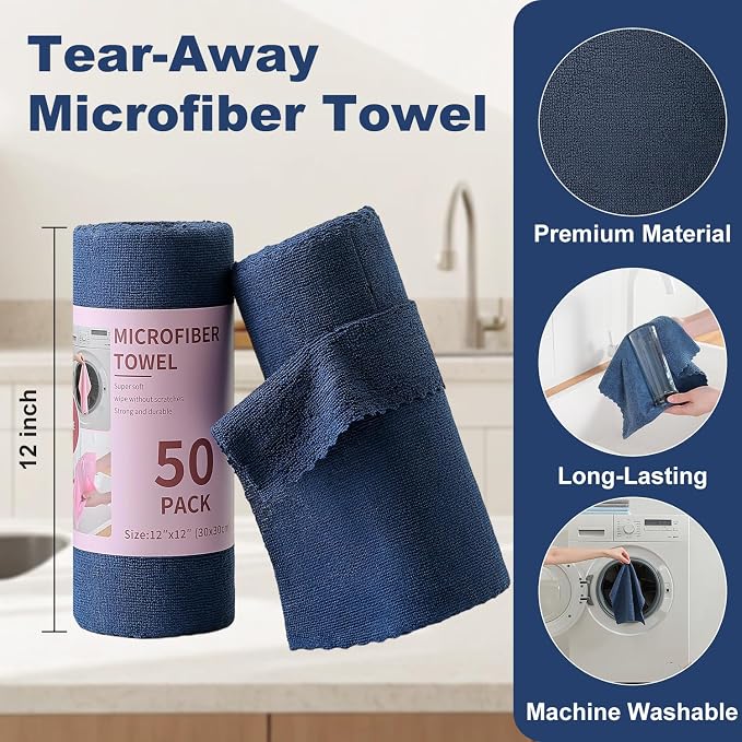 Jessy Home 2 Roll Reusable Paper Towels,100 Sheets Tear Away Microfiber Cleaning Cloth, Lint Free Cleaning Rags for Kitchen, Dishcloth,Household Cleaning Supplies