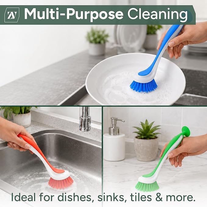 Zuvo Dish Brush Set of 3 with Suction Cup – Dish Scrubber & Cleaning Brush | Long-handle kitchen scrub brush, PET bristles, for dishes, pots, pans, sink & cast iron, 3 assorted colors, suction base