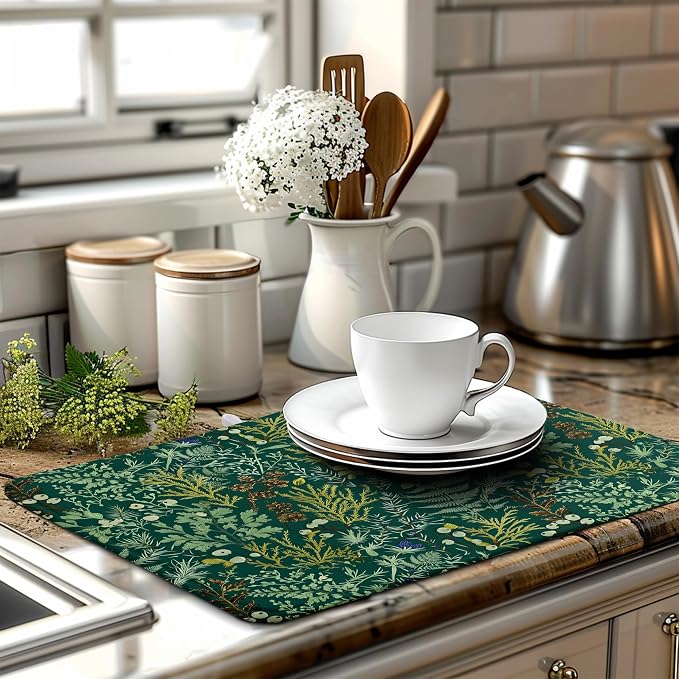 Dark Green Plant Dish Drying Mat for Kitchen Counter Vintage Botanical Floral Leaf Dishes Drying Mat Absorbent Microfiber Dish Draining Pad Washable Large Dish Drainer Rack Mats 18x24 Inch
