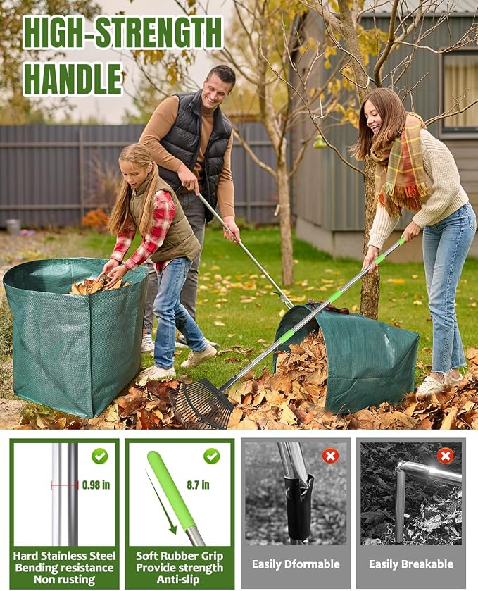 65 Inch 25 Tines Metal Leaf Rake Set with 40 Gal Dustpan-Type Bags | Heavy duty garden rake, Leaf gathering tool, Yard waste bag set, Metal dustpan rake, Lawn tool, Grass clippings sweeper