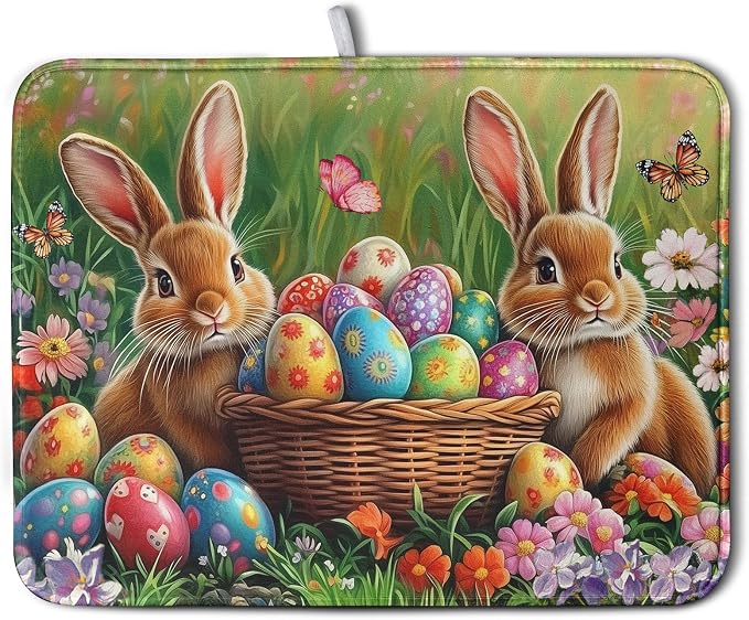 Easter Bunny Eggs Dish Drying Mat for Kitchen Counter 18x24 Inch Spring Easter Rabbit Flowers Large Drying Mat Microfiber Dish Drainer Rack Mats Absorbent Reversible Dishes Pad Dish Dryer Mat