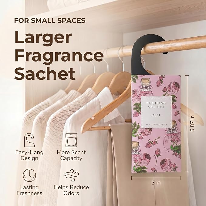 Large 12 Packs Rose Hanging Scented Sachets Long-Lasting Closet Deodorizer Air Freshener Fabric Refresher Odor Eliminator for Drawer Home Fragrance Gift Set