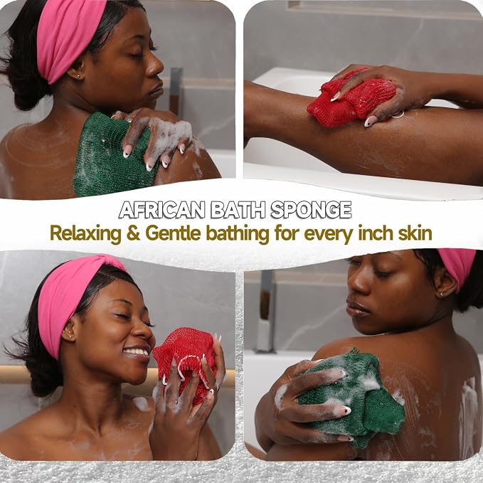 SubSahara Authentic African Net Sponge - 2 Pack Exfoliating Bath & Shower Loofah Sponge for Body & Face, Gentle Scrubber for All Skin Types, Travel, Durable (Red & Green)