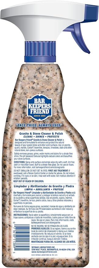 Bar Keepers Friend Stone & Granite Cleaner and Polish (25.4 oz) Plus 1 Microfiber Cloth, 2pc Cleaning Kit, Multi Surface Cleaner for Use on Natural, Manufactured & Polished Stone Countertops