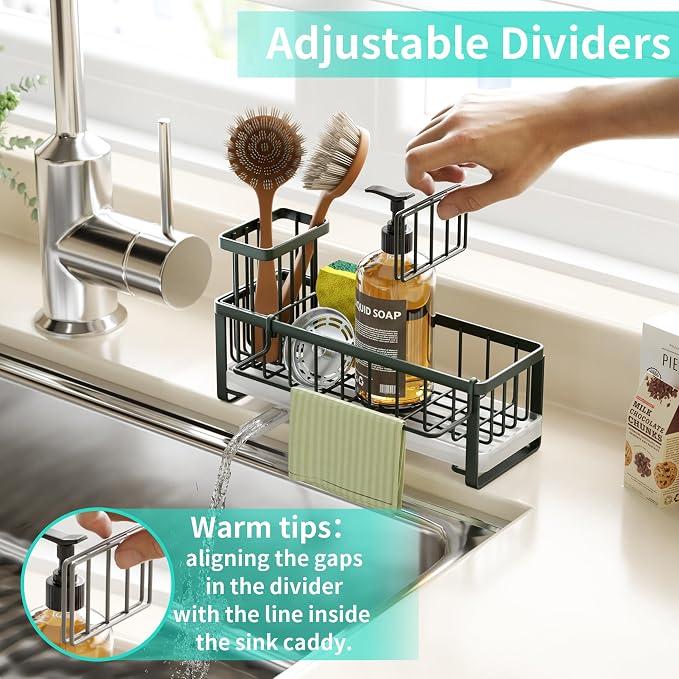 HapiRm Sponge Holder for Kitchen Sink - Self-draining Sink Caddy with Brush and Dishcloth Holders, Stainless Steel Kitchen Organizer for Countertop - Green