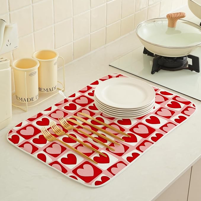 Valentines Day Dish Drying Mats 18x24 Inch Pink Red Heart Plaid Drying Mats Anniversary Holiday Checkered Valentines Decorations Absorbent Drying Dish Mats for Kitchen Dining Room Counter Decor