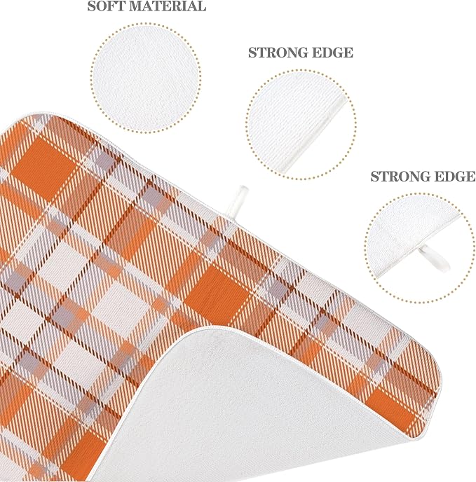 Fall Dish Drying Mat 18x24 Inches For Kitchen Counter Orange Plaid Kitchen Decoration Drying Mat Decorative Autumn Thanksgiving Drying Pad for Home Kitchen,Dining Room,Office Decor