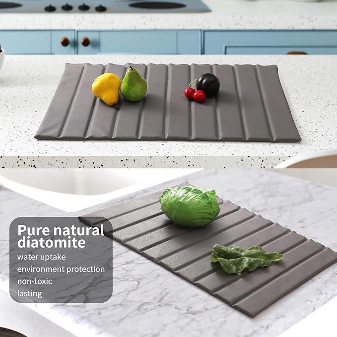 JUKER Large Stone Dish Drying Mat 24 x 16 Inches Dark Gray Kitchen Pad | Removable PU leather cover, glue-free core, foldable quick dry, multi-use kitchen & pet drying pad