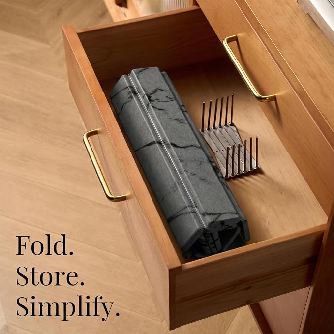 Diatomaceous Stone Dish Drying Mat with Collapsible Steel Rack - Quick Dry Kitchen Counter Set, Space Saving Foldable Dryer (Gray Marble, 23.6" x 15.3")