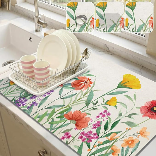 LOKHOM Dish Drying Mat for Kitchen Counter, 18"x24" Absorbent Coffee Bar Mat with Spring Floral, Dish Drainer Rack Mat for Kitchen Counter