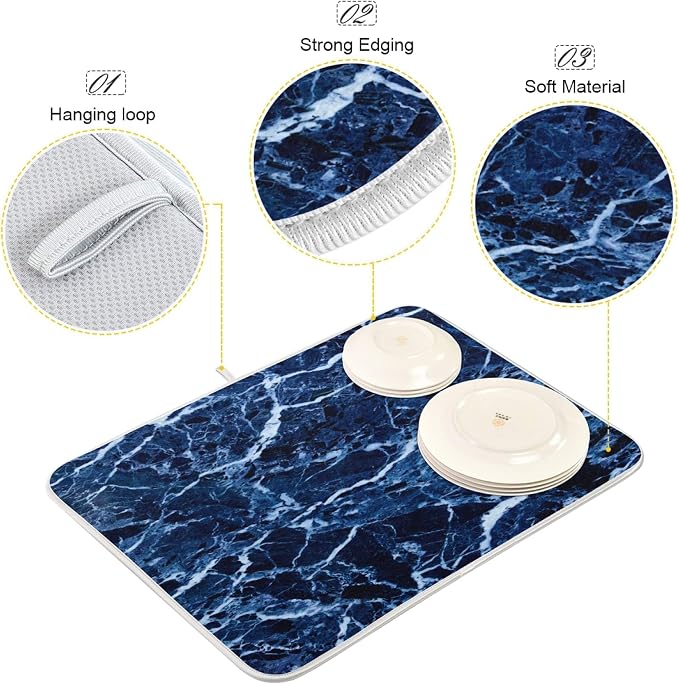 Super Absorbent Dish Drying Mat, Microfiber Fast-Drying Dish Mat, 24" x 18, Kitchen Dish Drying Pad, Navy Blue Marble…