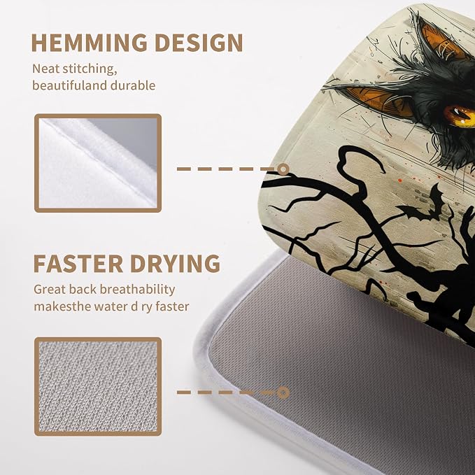 Black Cat Fall Pumpkin Dish Drying Mat 18x24 - Super Absorbent Drying Pads for Kitchen Counter - Happy Halloween Bat Branch Large Microfiber Dishes Drying Mats