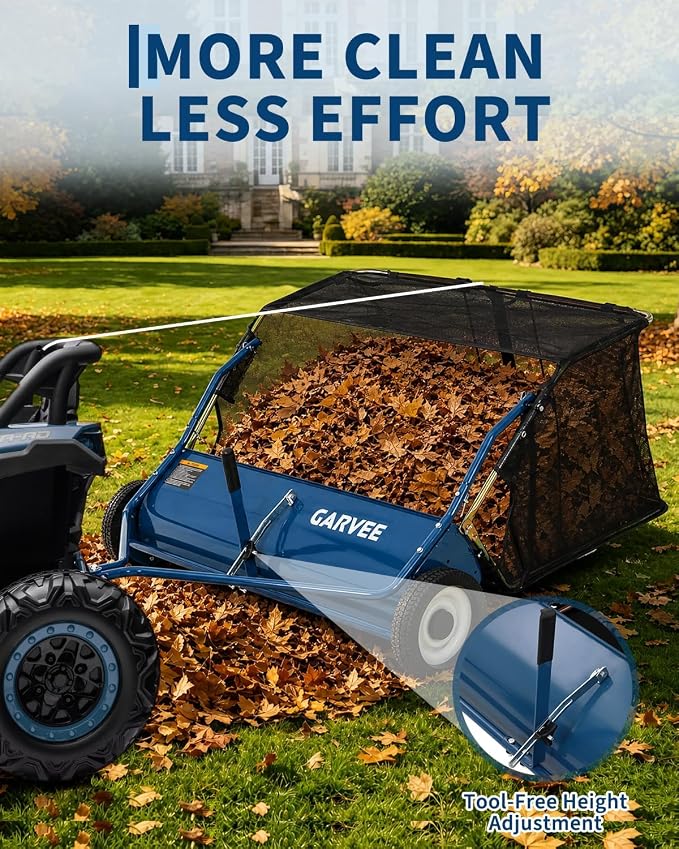 Garvee Tow Behind Lawn Sweeper 42 Inch, Heavy Duty Leaf & Grass Collector | Yard Sweeper Pull Behind,14 cu.ft. Leaf Collector,Tool-Free Adjustable Brush Height,Dumping Rope for Yard,Driveway,Sidewalk
