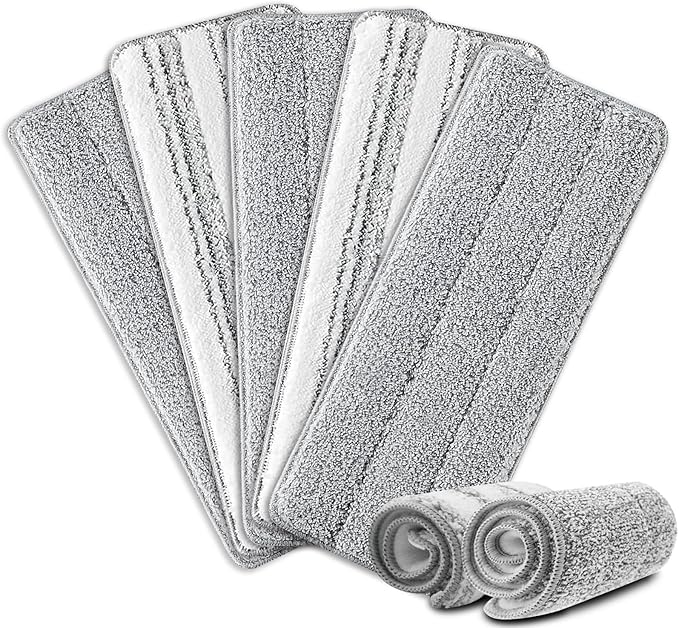 Flat Mop Pads, 5 Pack 13" X 4.9" Flat Mop Microfiber Mop Head/Refill/Pad, Washable Squeeze Cleaning Mop Pads Replacement Heads - White and Grey… | White and Grey Stripe Pads for Wet & Dry Cleaning, Compatible with Microfiber Flat Mop Heads, Machine Was...
