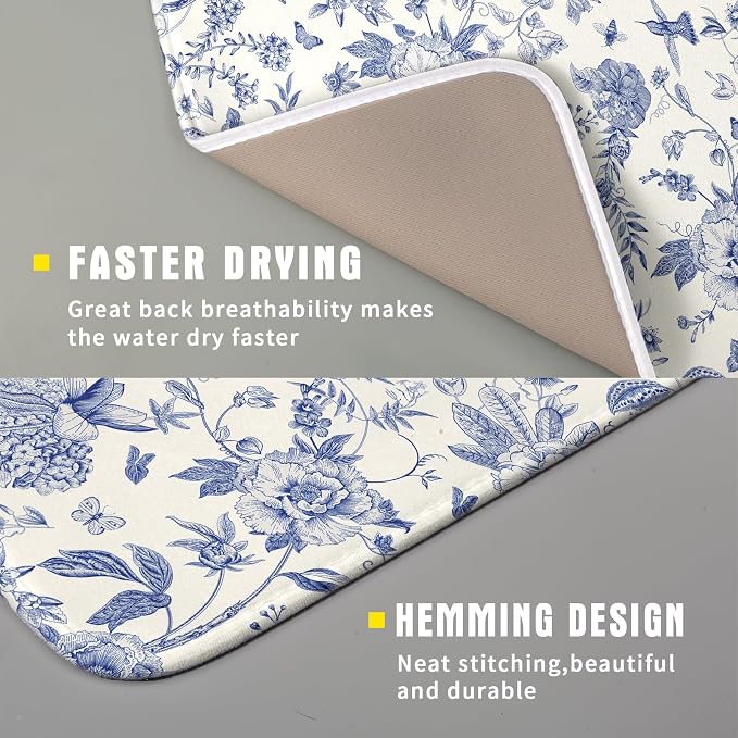 Giwawa Chinoiserie Flower Dish Drying Mat Blue Leaves Dishes Drying Pad Reusable Washable Kitchen Countertop Protector Dish Drainer Mat 16x18 Inch