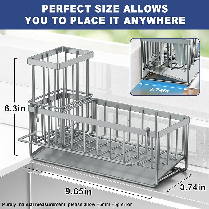 Sponge Holder for Kitchen Sink, Kitchen Sink Caddy, Kitchen Sink Sponge Holder, Dish Sponge Holder, Kitchen Sink Organizer for Sponge, Dish Brush, Scrubber(9.65" x 3.74" x 6.3", Gray)