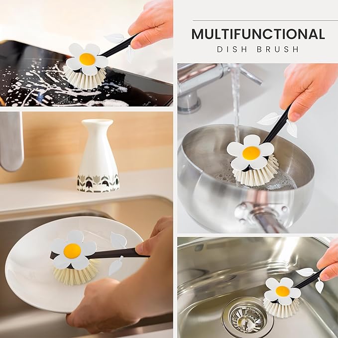Vigar Flower Power Dish Brush - Flower-Shaped, Dish Brush with Handle and Vase Holder, Scrub Brush for Dishes, Dishwashing Brush, Kitchen Scrub Brush, Pot Scrubber, Kitchen Essentials - White, Black