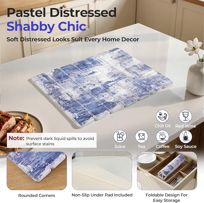 Findosom Stone Dish Drying Mat for Kitchen Counter, 15.7" × 11.8" Foldable Non-Slip Stone Drying Mat with Abstract Pattern, Heat Resistant Diatomaceous Earth Mat for Bath, Dishes, Cups, Blue