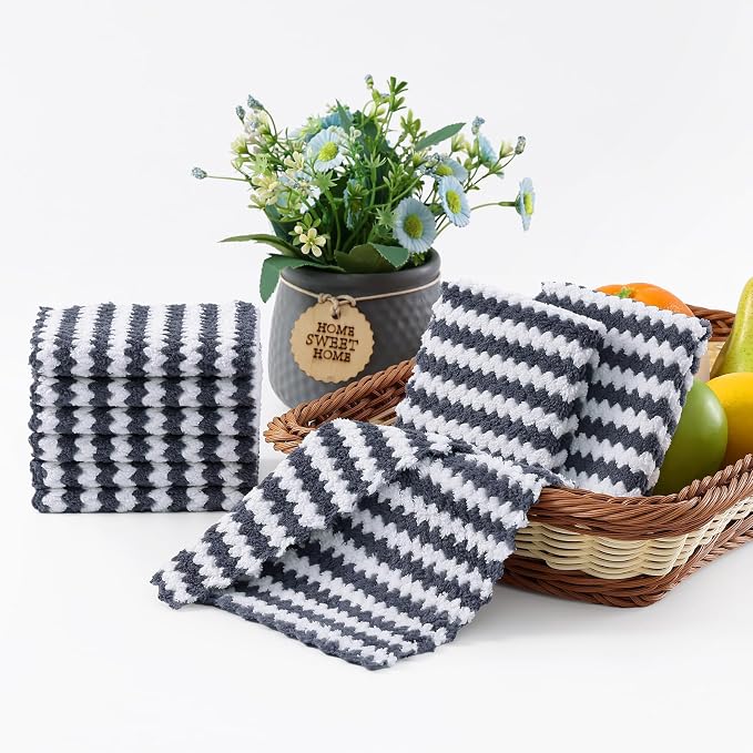 Homaxy 12 Pack Kitchen Dish Cloths, Ultra Soft and Absorbent Dish Towels, Reusable Fast Drying Microfiber Cleaning Cloth, Coral Velvet Wave Design No-lint, 7 x 9 inches, Dark Grey
